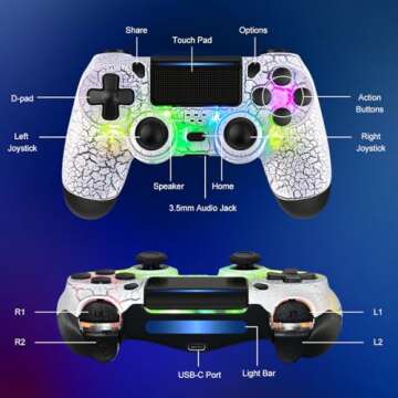 TIANHOO Wireless Controller for PS4 with LED Light - Crack White