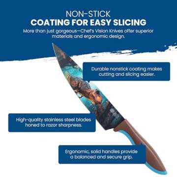 CHEF'S VISION Jurassic Knife Set - 6-Piece Stainless Steel Cutting Knives Set for Kitchen - Stunning Dinosaur Designs, Great Gift for Women or Men - Unique Kitchen Knife Set Gift