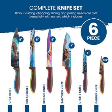 CHEF'S VISION Jurassic Knife Set - 6-Piece Stainless Steel Cutting Knives Set for Kitchen - Stunning Dinosaur Designs, Great Gift for Women or Men - Unique Kitchen Knife Set Gift