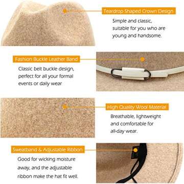 Lisianthus Women Wool Wide Brim Belt Buckle Fedora Hat White Buckle-Beige