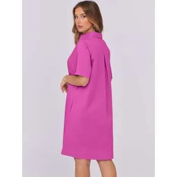 ANRABESS Womens Shirt Dress Summer Casual Loose Short Sleeve Button Down Oversized Flowy Beach Mini Dresses with Pockets Hot Pink Small