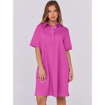 ANRABESS Womens Shirt Dress Summer Casual Loose Short Sleeve Button Down Oversized Flowy Beach Mini Dresses with Pockets Hot Pink Small