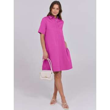 ANRABESS Womens Shirt Dress Summer Casual Loose Short Sleeve Button Down Oversized Flowy Beach Mini Dresses with Pockets Hot Pink Small