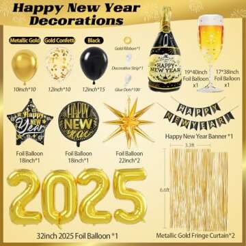 Happy New Year Decorations 2025 with Black Gold Confetti Balloons 2025 Number Balloons New Year Bann...