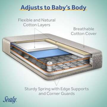 Sealy Baby Flex Cool Breathable 2 Stage Waterproof Crib Mattress plus Toddler Bed Fit, Airy Cotton Cover, 204 Premium Coils, GREENGUARD Gold Certified, Safety & Quality Tested, Made in USA, 52'X28'