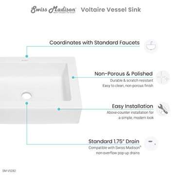 Swiss Madison Voltaire Wide Rectangle Vessel Sink in Glossy White