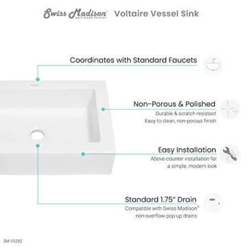 Swiss Madison Voltaire Wide Rectangle Vessel Sink in Glossy White