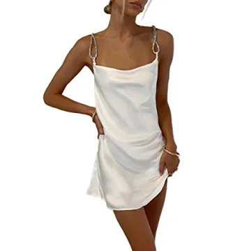 TRURENDI Women Sexy Spaghetti Strap Low Cut Sling Dress 2022 Summer Backless Sleeveless Slim Mini Party Dress (White, Small)