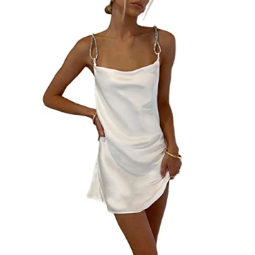 TRURENDI Women Sexy Spaghetti Strap Low Cut Sling Dress 2022 Summer Backless Sleeveless Slim Mini Party Dress (White, Small)