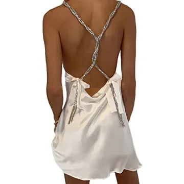 TRURENDI Women Sexy Spaghetti Strap Low Cut Sling Dress 2022 Summer Backless Sleeveless Slim Mini Party Dress (White, Small)