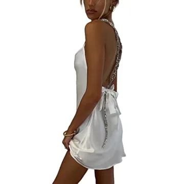 TRURENDI Women Sexy Spaghetti Strap Low Cut Sling Dress 2022 Summer Backless Sleeveless Slim Mini Party Dress (White, Small)
