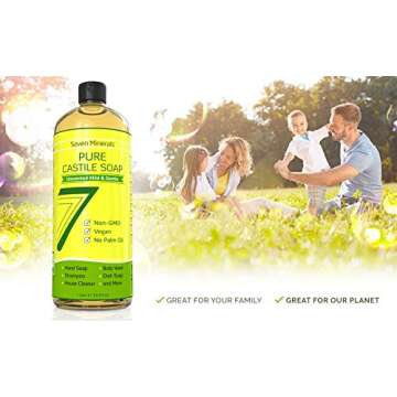 Seven Minerals, EWG Verified Castile Soap 33.8 fl oz - No Palm Oil, GMO-Free - Unscented Mild & Gentle Liquid Soap For Sensitive Skin & Baby Wash - All Natural Vegan Formula with Organic Carrier Oils