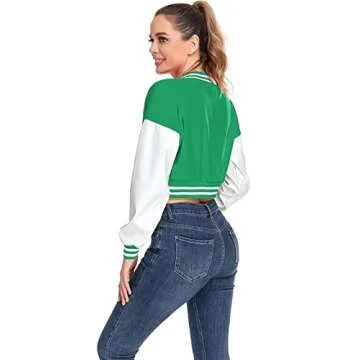 babyhealthy Womens Crop Varsity Jacket Stitched Leather Baseball Bomber Jacket Y2K Streetwear Short Coat A Green