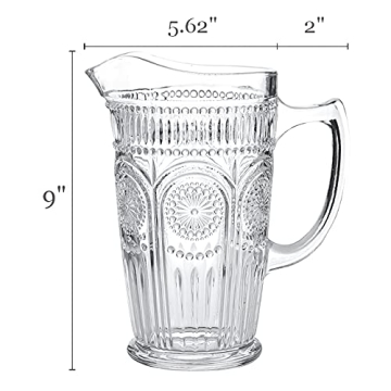 Kingrol 50 oz Glass Pitcher, Vintage Water Carafe Jug for Ice Tea, Juice, Milk, Beverages, Heat Resistant Glass Carafe for Hot/Cold Water