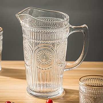 Kingrol 50 oz Glass Pitcher, Vintage Water Carafe Jug for Ice Tea, Juice, Milk, Beverages, Heat Resistant Glass Carafe for Hot/Cold Water