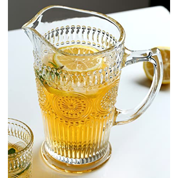 Kingrol 50 oz Glass Pitcher, Vintage Water Carafe Jug for Ice Tea, Juice, Milk, Beverages, Heat Resistant Glass Carafe for Hot/Cold Water