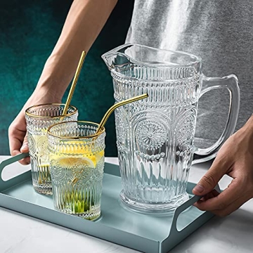 Kingrol 50 oz Glass Pitcher, Vintage Water Carafe Jug for Ice Tea, Juice, Milk, Beverages, Heat Resistant Glass Carafe for Hot/Cold Water