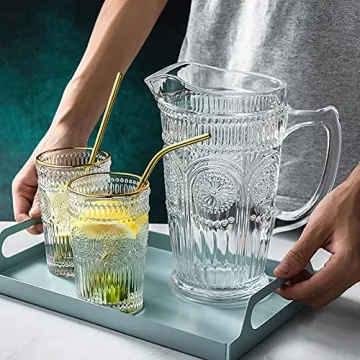 Kingrol 50 oz Glass Pitcher, Vintage Water Carafe Jug for Ice Tea, Juice, Milk, Beverages, Heat Resistant Glass Carafe for Hot/Cold Water