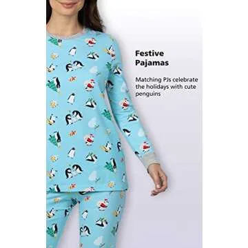 PajamaGram Matching Christmas PJs for Family, Blue Penguin, Womens L / 12-14