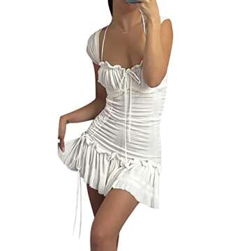 NUFIWI Women Ruffle Mini Dress Bodycon Square Halter Neck Smocked Short Dress Lace Up Ruched Party Y2k Dresses(A Cute White,L)