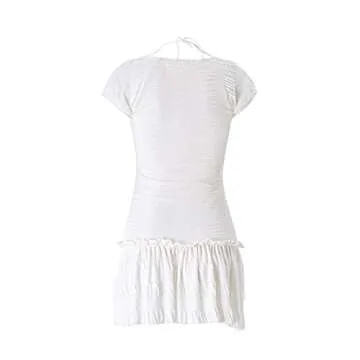 NUFIWI Women Ruffle Mini Dress Bodycon Square Halter Neck Smocked Short Dress Lace Up Ruched Party Y2k Dresses(A Cute White,L)