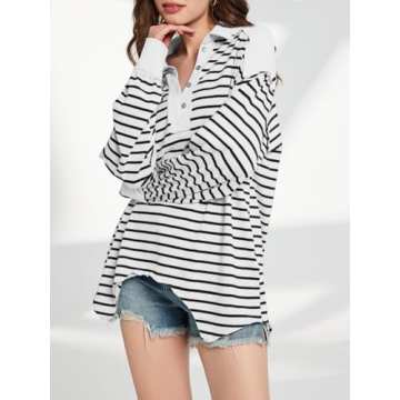 Tankaneo Womens Oversized Long Sleeve Polo Shirt Cotton