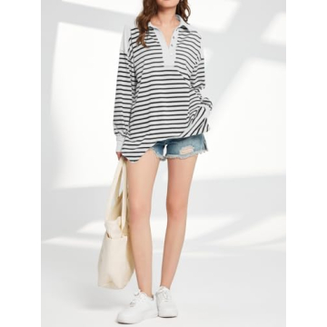 Tankaneo Womens Oversized Long Sleeve Polo Shirt Cotton