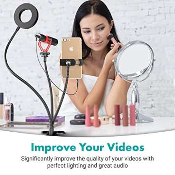 Movo Desk Ring Light with Stand and Phone Holder with VXR10 Video Microphone Compatible with iPhone,...