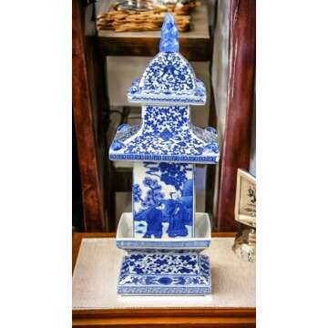 16" Classic Blue and White Porcelain Pagoda, China Qing Style, Jingdezhen (D19)