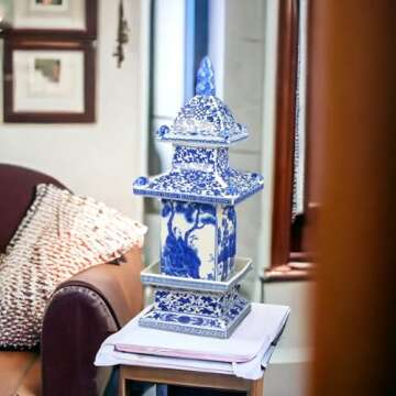 16" Classic Blue and White Porcelain Pagoda, China Qing Style, Jingdezhen (D19)