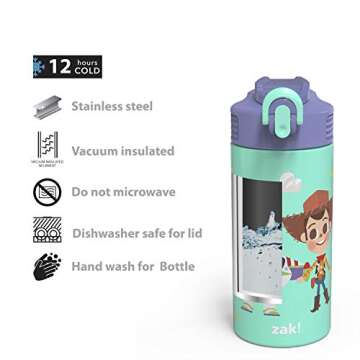 zak! Disney Toy Story 4 - Stainless Steel Vacuum Insulated Water Bottle - 14 oz - Durable & Leak Proof - Flip-Up Straw Spout & Built-In Carrying Loop - BPA Free