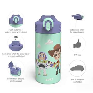 zak! Disney Toy Story 4 - Stainless Steel Vacuum Insulated Water Bottle - 14 oz - Durable & Leak Proof - Flip-Up Straw Spout & Built-In Carrying Loop - BPA Free