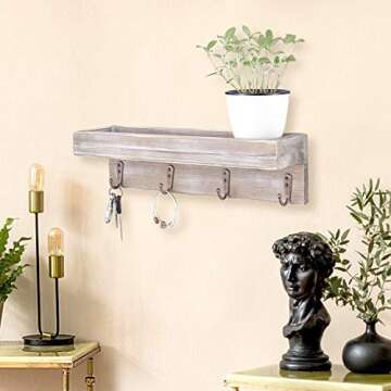 Sageme Entryway Shelf Wall Mounted,Vintage Rustic Farmhouse Solid Real Wood Floating Shelf Key Holde...