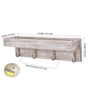 Sageme Entryway Shelf Wall Mounted,Vintage Rustic Farmhouse Solid Real Wood Floating Shelf Key Holder Shelf with 4 Key Hooks for Entryway, Mudroom, Kitchen, Bathroom (4 Hooks, Bronze)