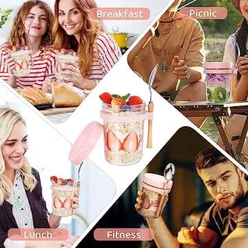 HomArtist Glass Overnight Oats Containers with Lids and Spoon, 16oz Wide Mouth Mason Jars for Overnight Oats, Cereal, Yogurt, Salad Lunch Container with Measurement Marks - MultiColor 4 Pack