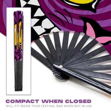 GloFX Large Hand Fan - Alice in Wonderland Cheshire Cat Fan - Bamboo Folding Fans for Rave Accessori...