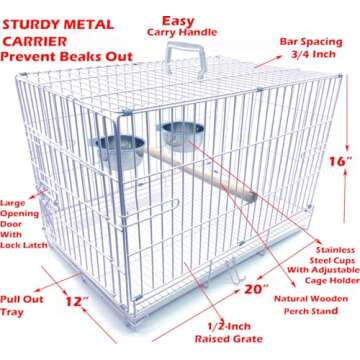 Easy Collapsable Bird, Dog and Cat Carrier Travel Carrier Metal Wire Prevent Beaks Out Cage with Stainless Feeder Cups Wooden Stand Perch