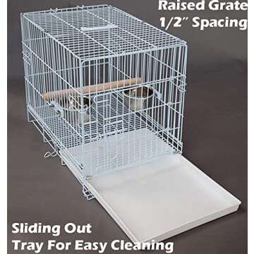 Easy Collapsable Bird, Dog and Cat Carrier Travel Carrier Metal Wire Prevent Beaks Out Cage with Stainless Feeder Cups Wooden Stand Perch