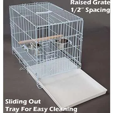Easy Collapsable Bird, Dog and Cat Carrier Travel Carrier Metal Wire Prevent Beaks Out Cage with Stainless Feeder Cups Wooden Stand Perch