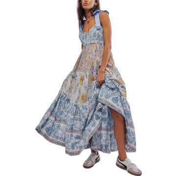 Women Y2k Summer Flowy Maxi Sundress Boho Floral Smocked Beach Dress Cute Shoulder Tie Spaghetti Str...