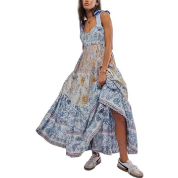Women Y2k Summer Flowy Maxi Sundress Boho Floral Smocked Beach Dress Cute Shoulder Tie Spaghetti Str...