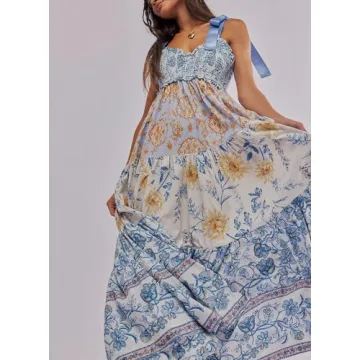 Women Y2k Summer Flowy Maxi Sundress Boho Floral Smocked Beach Dress Cute Shoulder Tie Spaghetti Strap Long Dresses Light Blue