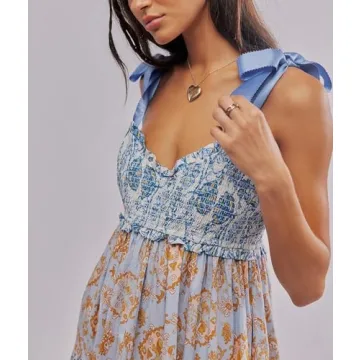 Women Y2k Summer Flowy Maxi Sundress Boho Floral Smocked Beach Dress Cute Shoulder Tie Spaghetti Strap Long Dresses Light Blue