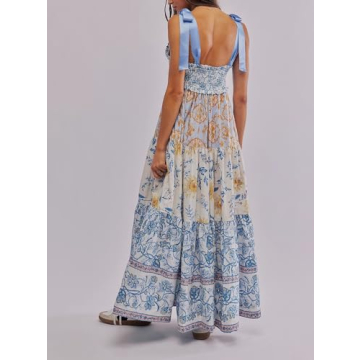 Women Y2k Summer Flowy Maxi Sundress Boho Floral Smocked Beach Dress Cute Shoulder Tie Spaghetti Strap Long Dresses Light Blue