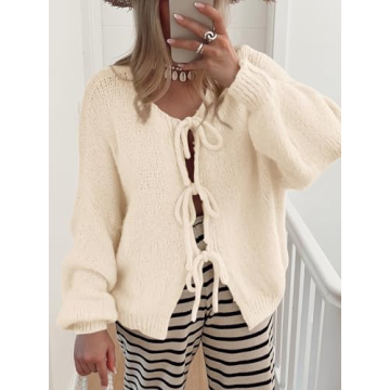 MASCOMODA 2024 Bow Tie Front Cardigan Sweaters for Women Fall Winter Oversized Long Sleeve Open Front Chunky Sweater Coats(Beige White,Medium)