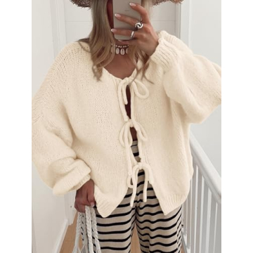 MASCOMODA 2024 Bow Tie Front Cardigan Sweaters for Women Fall Winter Oversized Long Sleeve Open Front Chunky Sweater Coats(Beige White,Medium)