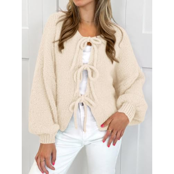 MASCOMODA 2024 Bow Tie Front Cardigan Sweaters for Women Fall Winter Oversized Long Sleeve Open Front Chunky Sweater Coats(Beige White,Medium)