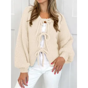 MASCOMODA 2024 Bow Tie Front Cardigan Sweaters for Women Fall Winter Oversized Long Sleeve Open Front Chunky Sweater Coats(Beige White,Medium)