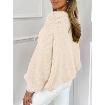 MASCOMODA 2024 Bow Tie Front Cardigan Sweaters for Women Fall Winter Oversized Long Sleeve Open Front Chunky Sweater Coats(Beige White,Medium)