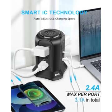 BEVA Tower Surge Protector Power Strip, Desk Charging Station with 9 AC Outlet and 4 USB Ports, 18AWG 6.5 FT Extension Cord, 3-Prong Flat Plug, Multiple Outlets for Office Dorm Apartment Essentials